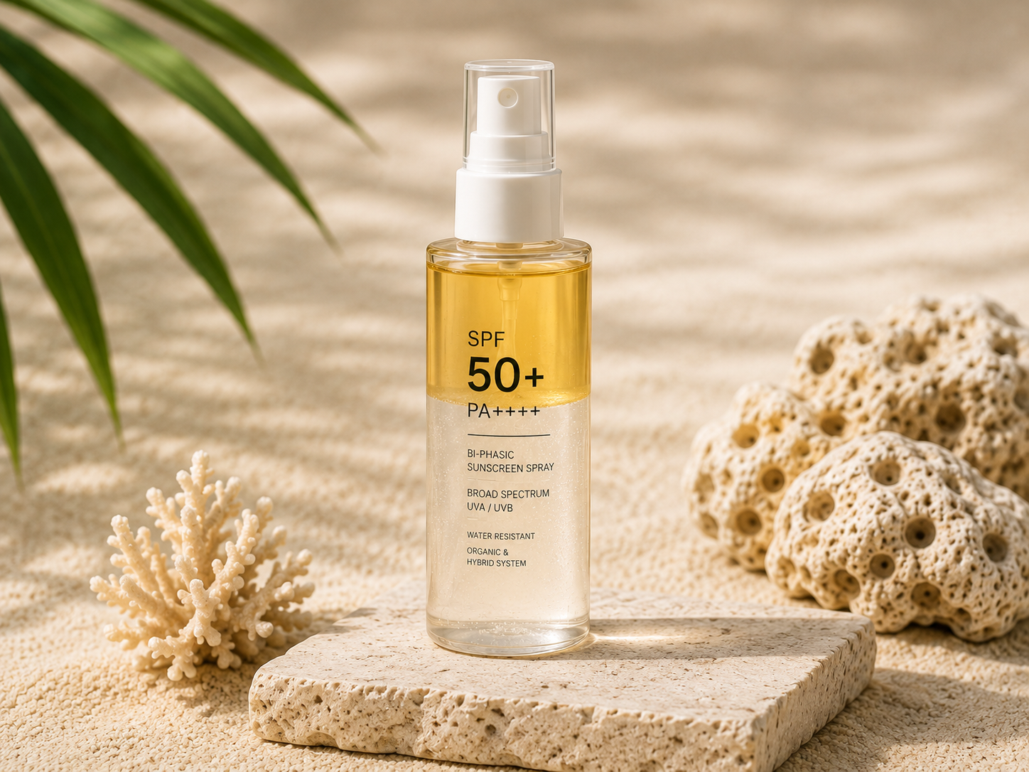 Bi-phasic SPF 50+ sunscreen spray concept in a premium sun-care setting