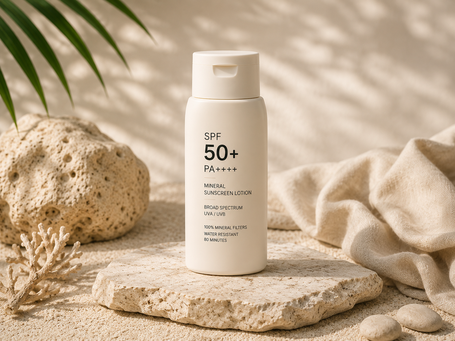 Mineral SPF 50+ sunscreen lotion concept in a premium natural setting