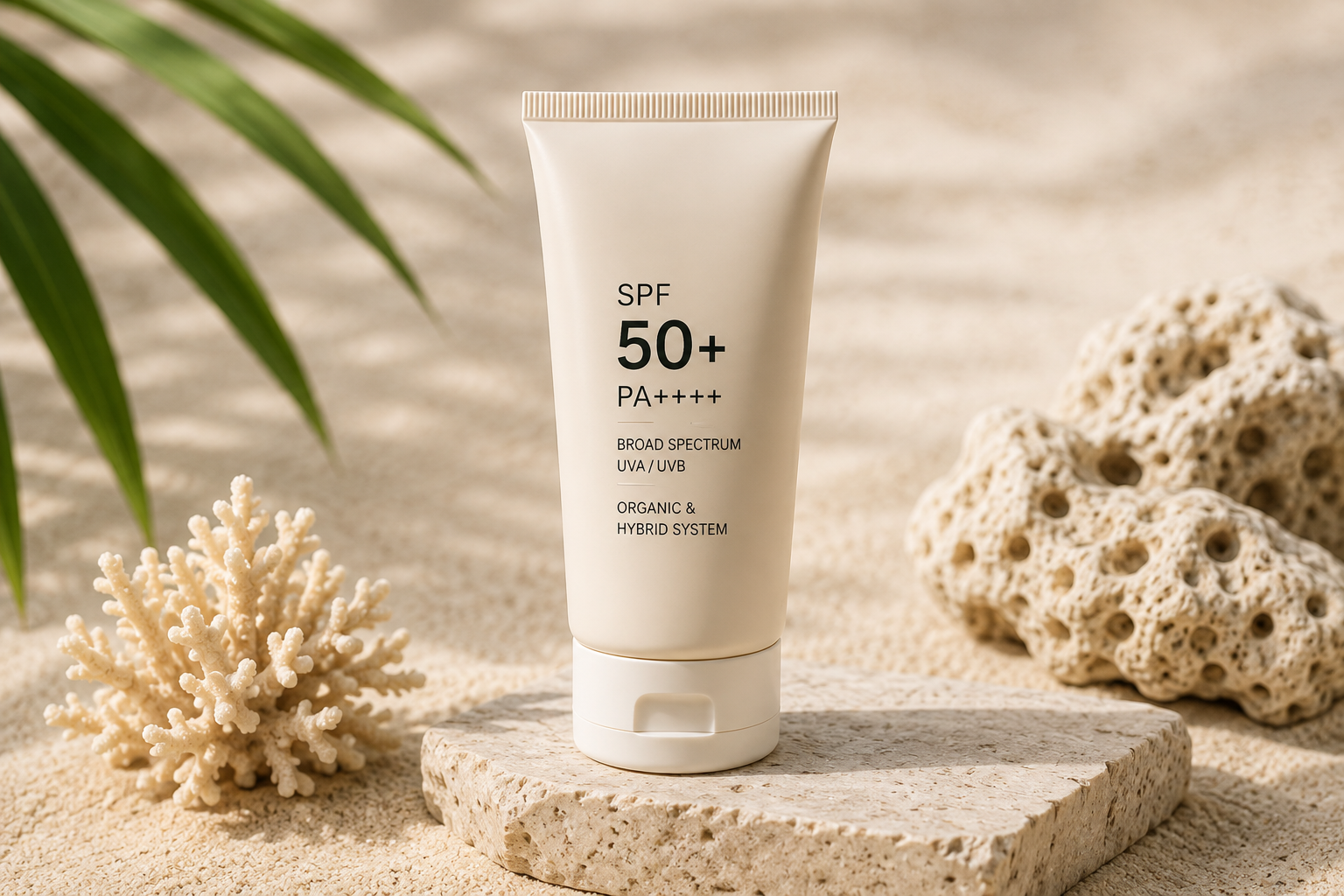Organic SPF 50+ sunscreen lotion concept in a premium sun-care setting
