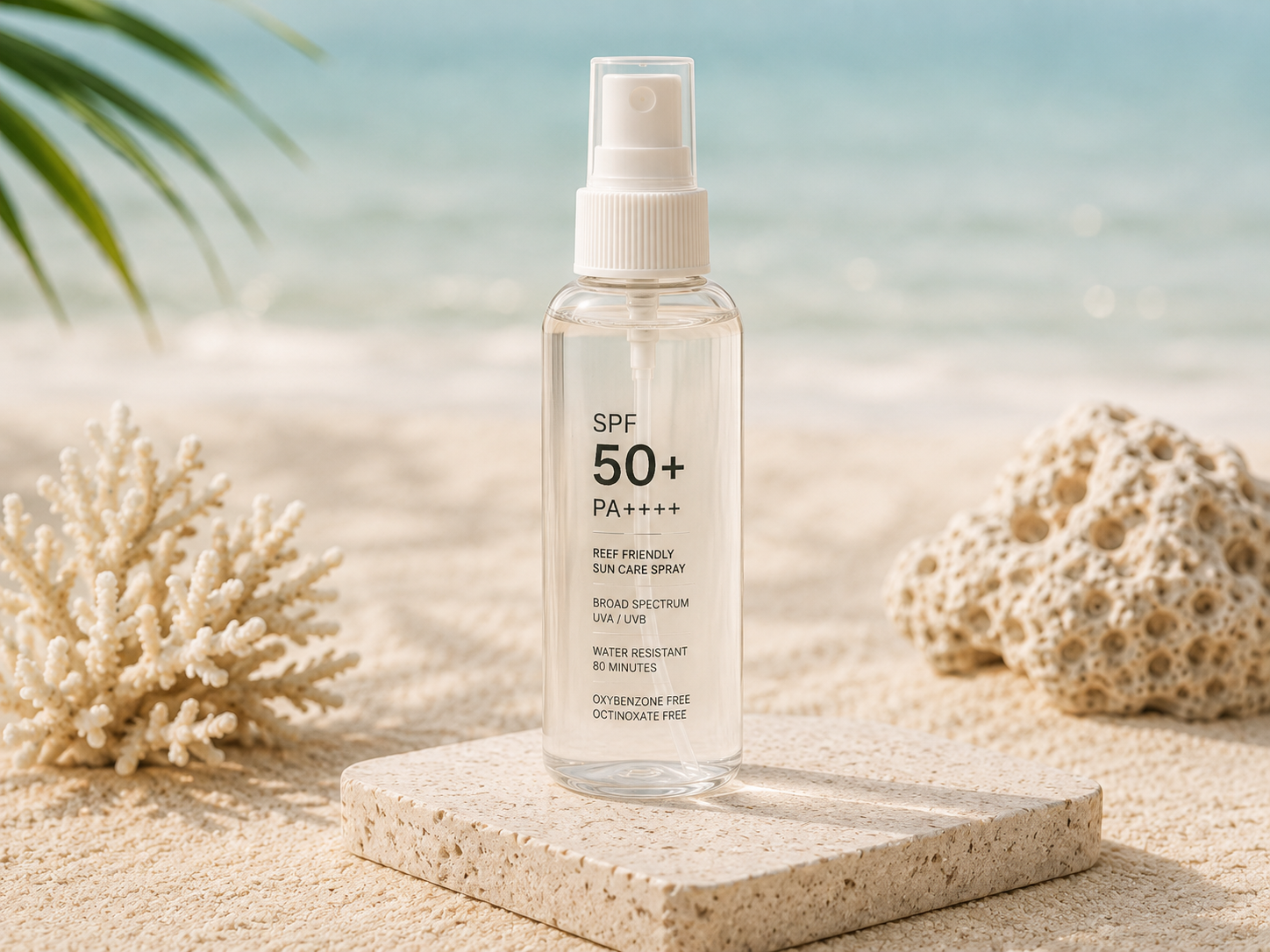 SPF 50+ sunscreen spray concept in a premium coastal setting