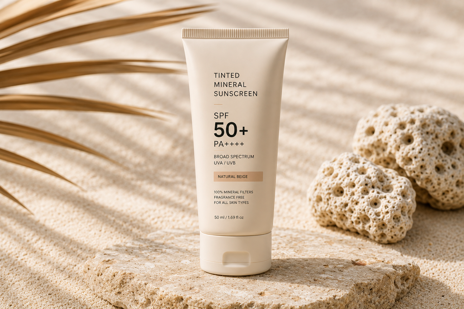 Tinted mineral SPF 50+ sunscreen concept in a premium warm-toned setting